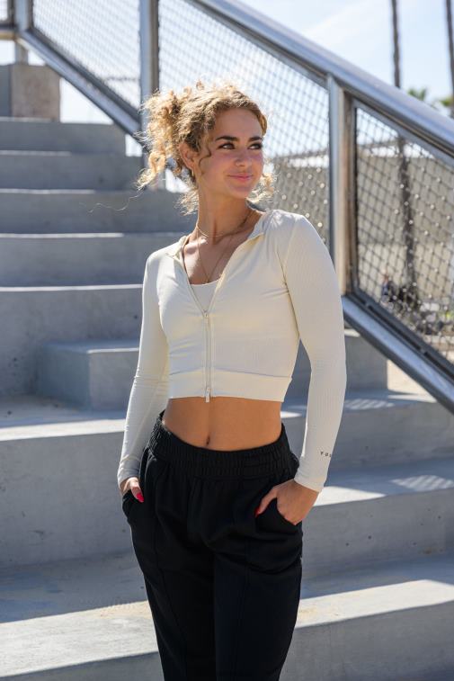 femmes brun w418 manches longues à double fermeture éclair YoungLA vêtements A004FL1037